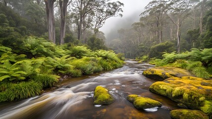 Misty forest river flows past lush ferns and moss covered rocks under tall trees