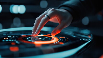 Wearable gesture control ring interacting with a holographic display, subtle hand movements controlling complex interfaces, intuitive computing