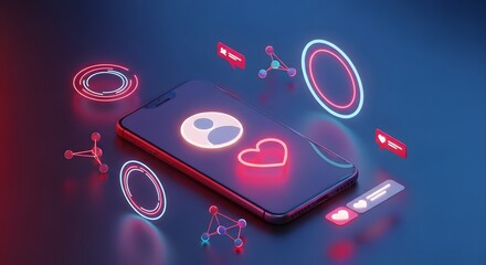 Modern smartphone displaying social media icons and neon lights in dark environment