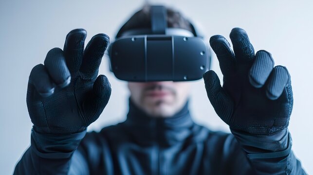 Wearable haptic feedback gloves for virtual reality interactions, providing realistic touch sensations for immersive digital experiences, intuitive control - Powered by Adobe