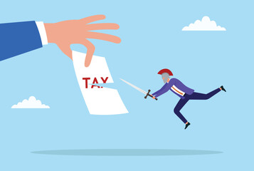 Vector illustration of a businessman jumping with a sword and cutting tax documents, symbolizing victory over taxes and financial freedom
