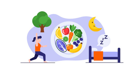 A woman practices yoga near a plate of healthy food, with a bed and moon.