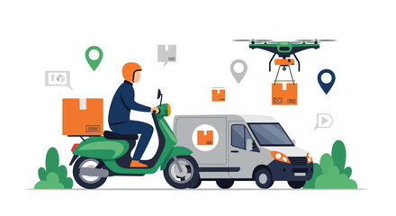 Illustration of a delivery service featuring a scooter, van, and drone transporting packages.