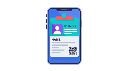 A smartphone displays a digital ID card with a user profile, name, and QR code.
