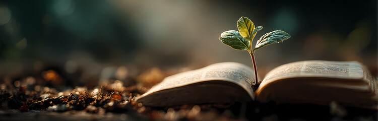 Close-up of a Book Growing Green Sprouts in the Morning Sun: Knowledge is Power, Bible Study Class Material	