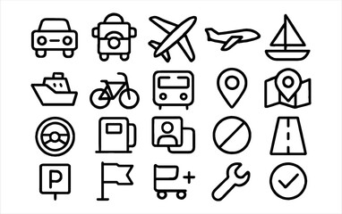 Obraz premium Transportation icon set: Cars, planes, boats, buses, bikes for travel and navigation apps