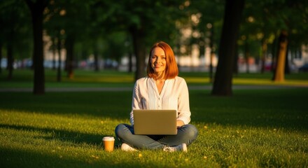 Caucasian young adult female enjoying laptop in park on sunny day