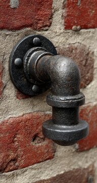Rusted metal pipe affixed to brick wall