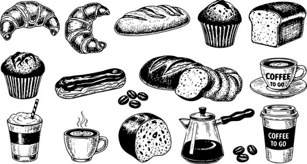 Coffee and Bakery Vector Elements with Hand-Drawn Vintage Sketch Illustrations of Pastry, Latte, Cappuccino and Coffee To Go Cup Template Design