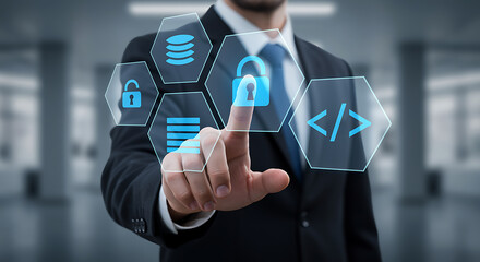 Businessman touching a virtual screen with security icons, illustrating data protection, cybersecurity, and secure coding practices in a modern business environment