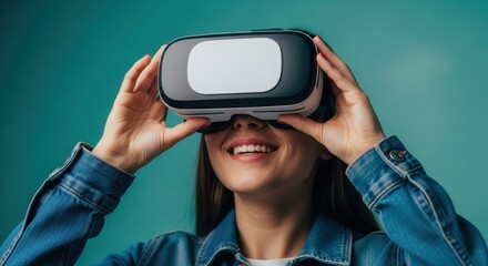 Young caucasian female enjoying virtual reality with vr headset