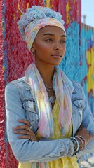 A woman wearing a colorful scarf and a denim jacket stands in front of a colorful wall. The scarf is multi-colored and the jacket is blue. The woman is confident and proud of her outfit