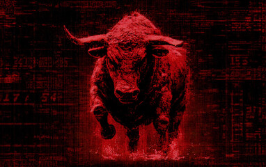 Red Bull with Financial Data Background Symbolizing Market Uptrend