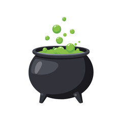 Black cauldron bubbling with green potion and vapor liquid