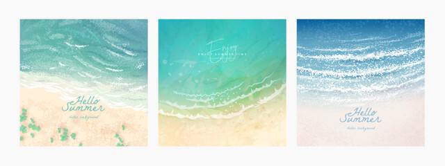 Set of vector square landscape background. Beautiful illustration of sandy summer beach. Summer holidays card, poster or banner design template