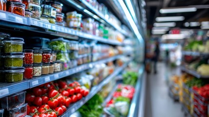 Supermarket aisle vegetables shelves grocery consumer shopping retail commerce
