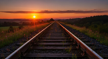 Obraz premium Sunset Railroad Tracks Stretching into Horizon with Wildflowers, Rolling Hills, and Dramatic Sky Capturing Nature’s Beauty and Perspective, 32K Revolutions 