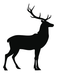 Black silhouette of a stag with large antlers deer white background