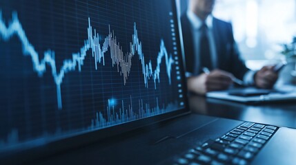 Medium shot of investors discussing carbon credit green finance opportunities, wide office perspective with charts on projector screen.