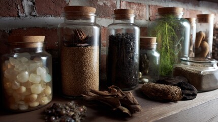 Fototapeta premium Apothecary jars rustic herbal organic wellness natural lifestyle background