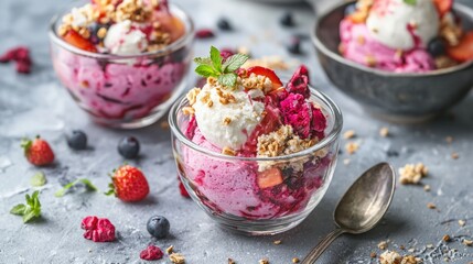 Ice cream dessert bowls fruits sweet tasty gourmet food background