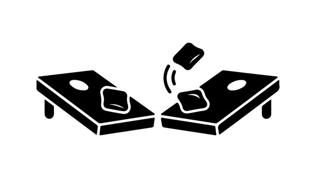 Black glyph icon of a cornhole game in progress.