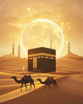Illustration of the Kaabah with desert sand, mosque minarets, moonlight, and camels, symbolizing Islamic spirituality, pilgrimage, and cultural heritage