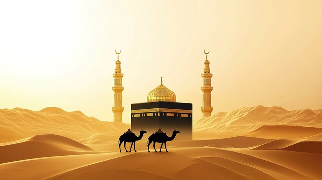 Illustration of the Kaabah with desert sand, mosque minarets, moonlight, and camels, symbolizing Islamic spirituality, pilgrimage, and cultural heritage