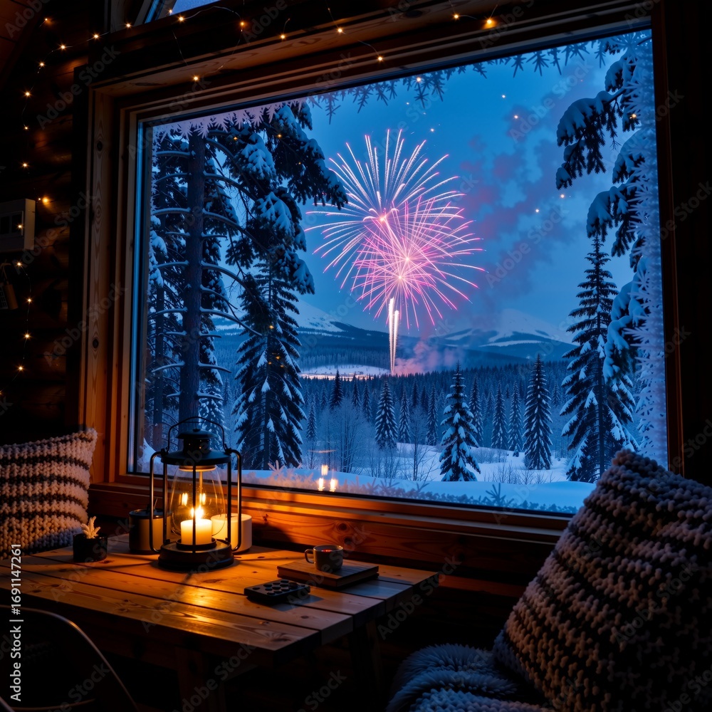 Poster window cabin view snowy landscape window covered snow trees either side window sky filled colorful fireworks exploding night sky creating beautiful display light color fireworks bursting different