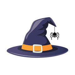 Dark purple witch hat with orange band and dangling spider halloween costume