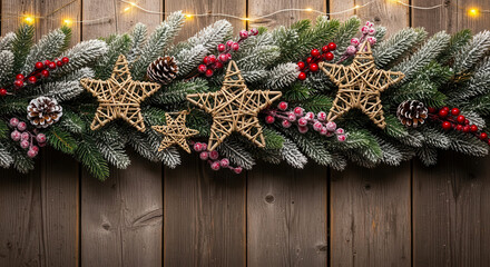 Festive christmas garland with frosted pine branches red berries and star ornaments on rustic wood background