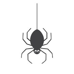 Dark spider hanging from thread with googly eyes black