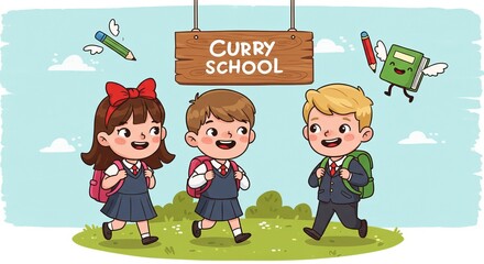Cartoon School Kids Walking with Backpacks Under Wooden Sign ,Cute Education Poster for Children and School Events