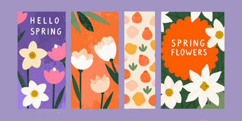 Collection of four vibrant spring themed vertical greeting cards with flowers and text