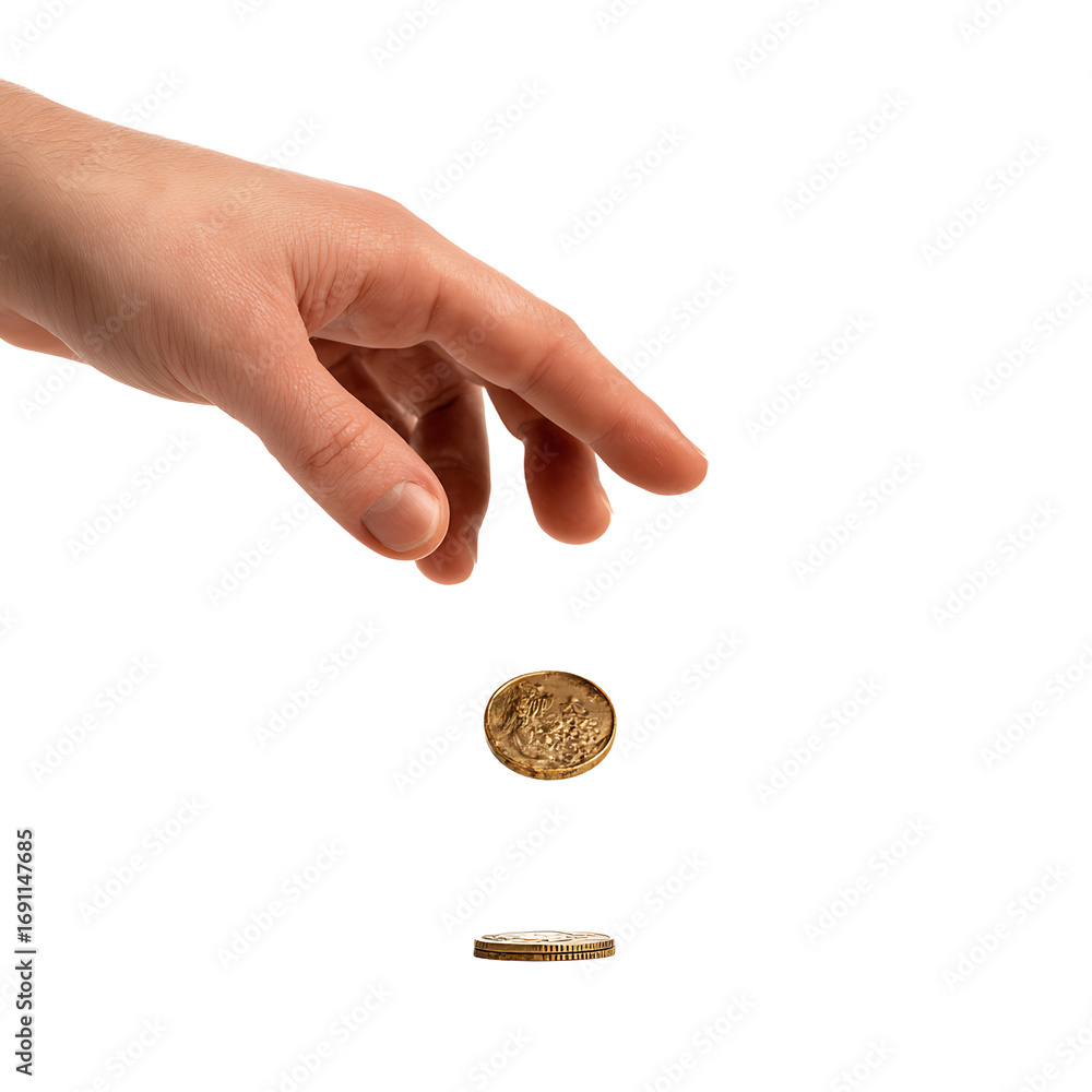 Aufkleber golden coin floating with hand above on transparent background showing monetary exchange and investm