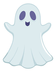 Happy cartoon ghost with purple eyes and mouth smiling