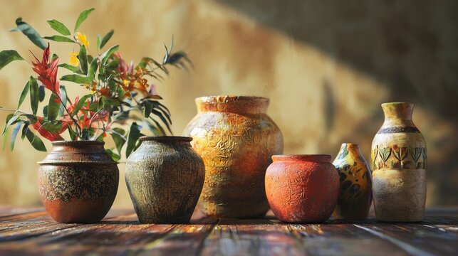 Clay pots lifestyle decorative inspiration modern artistic photography composition stylish arrangement design concept traditional craft