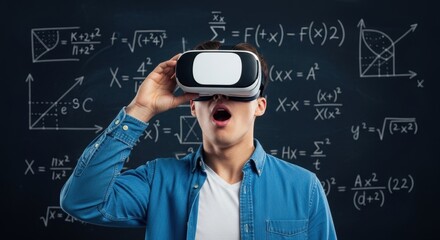 Young caucasian male exploring virtual reality in an educational setting with mathematical formulas