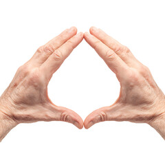 Two hands joined together to create a heart shape over a white background symbolizing love support or connection in a simple yet visual manner