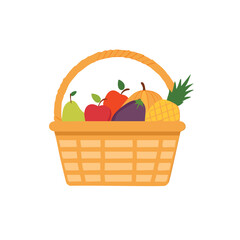 Orange woven basket filled with assorted fruits and vegetables vector