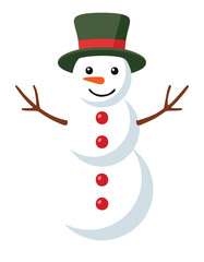 Smiling snowman with green hat and red buttons winter holiday