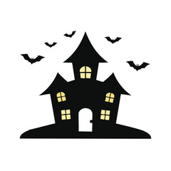 Spooky black haunted house with glowing windows and flying bats silhouette