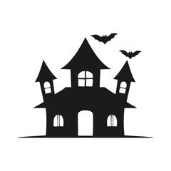 Spooky castle silhouette with flying bats halloween