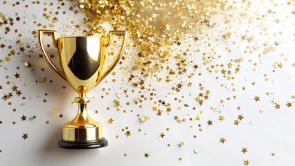 Golden trophy with falling gold star confetti isolated on white background