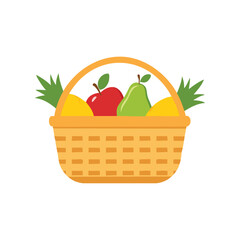 Woven basket filled with colorful fruits and green pineapple leaves orange yellow