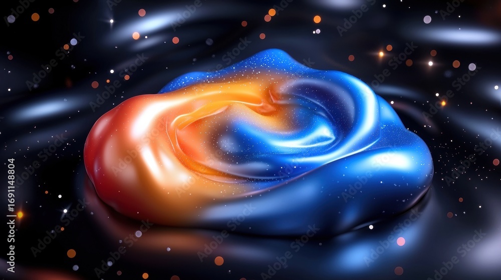 Poster a 3d rendering of a swirling, abstract shape with a gradient of orange, blue, and red colors.