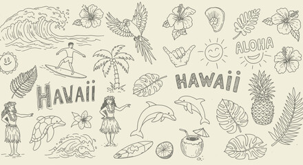 A delightful hawaiian doodle illustration featuring aloha spirit, surfboards, palm trees, and tropical elements, perfect for summer vibes and island adventures © arfanah02