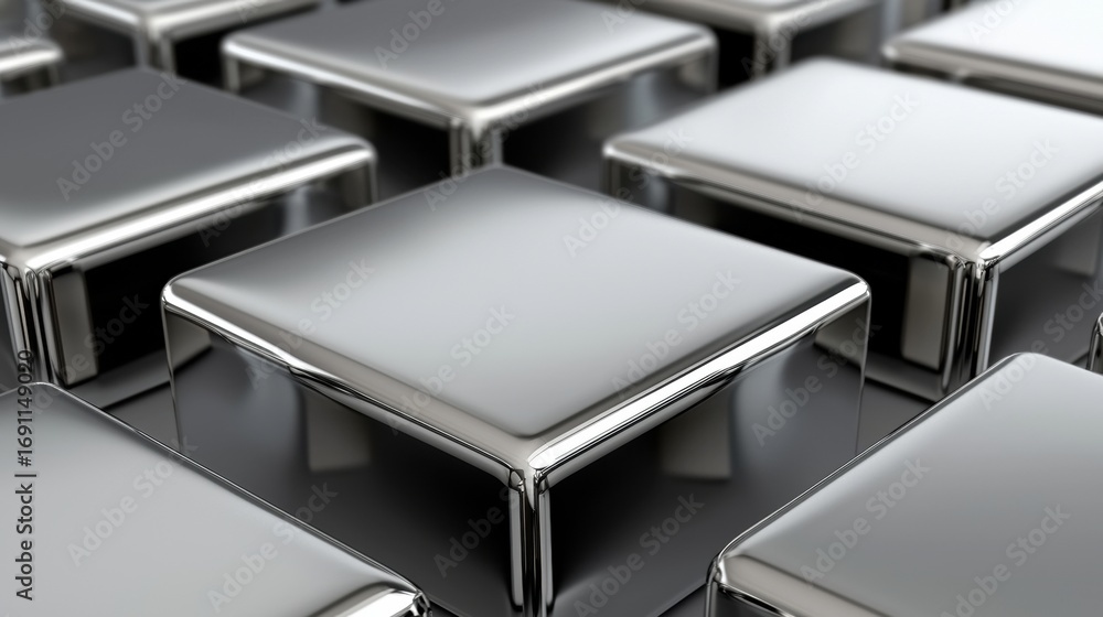 Poster a collection of shiny metallic cubes arranged in a grid-like pattern.