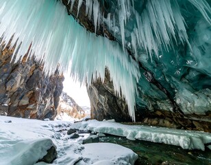 Icy cave, frozen waterfall