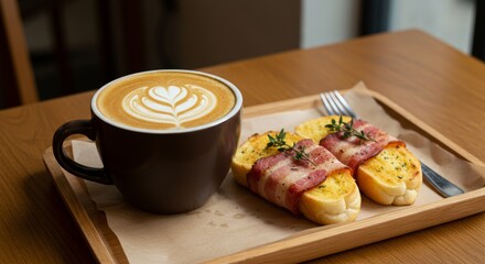 Delicious Bacon Toast with Creamy Latte and Heart Foam Art in Cozy Café Setting
